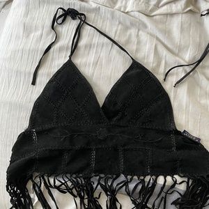 Point halter top with fringe